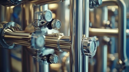 Industrial Piping System: Close-up of Polished Metal Valves and Gauges