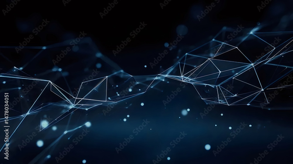 Poster abstract network of interconnected polygons and lines in deep blue tones on a dark background depict