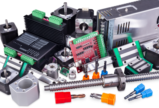 Various CNC machine components for prototype machine construction. Hardware like stepper motor driver control boards end mill linear rails isolated white background