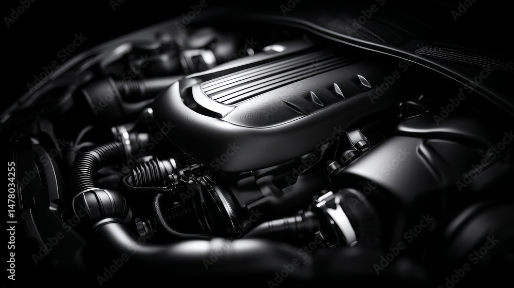 Poster close-up view of a modern car engine showcasing intricate design and engineering.