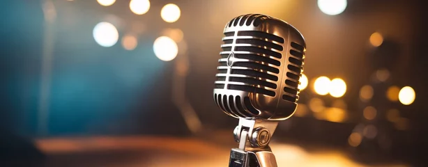 Close-up of a vintage microphone in a dimly lit setting, exuding a classic music vibe. © ARSHDEEP