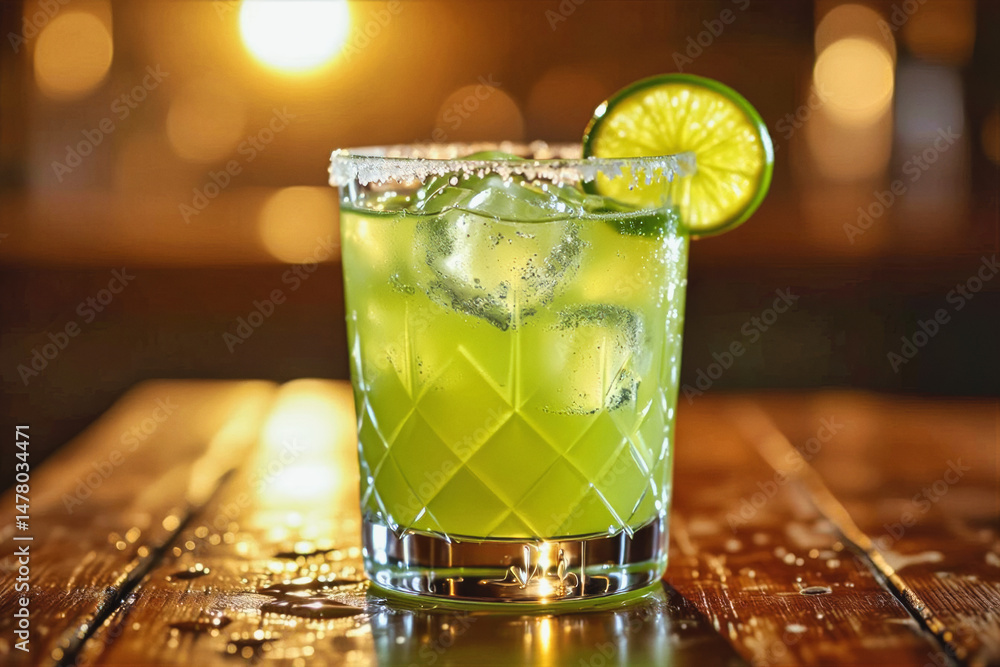 Poster a refreshing green margarita with a lime wedge sits on a rustic wooden table, illuminated by warm bo