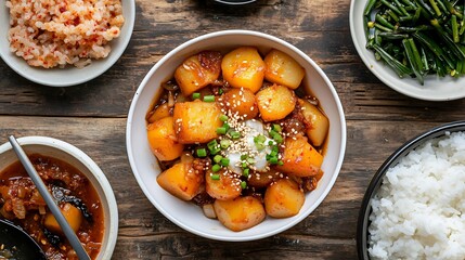 Korean potato side dish Gamja Jorim served rice top down view of braised potatoes in a sweet soy sauce served with a bowl of rice