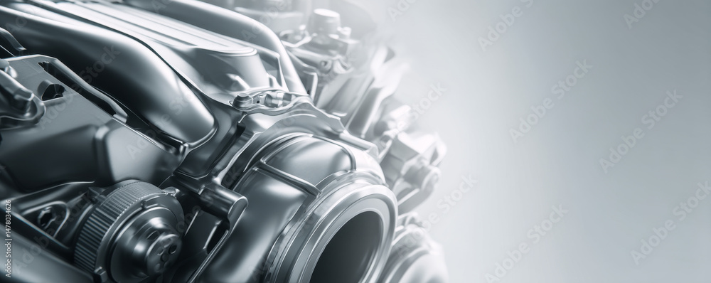 Poster close-up view of a modern metallic engine component showcasing advanced design.