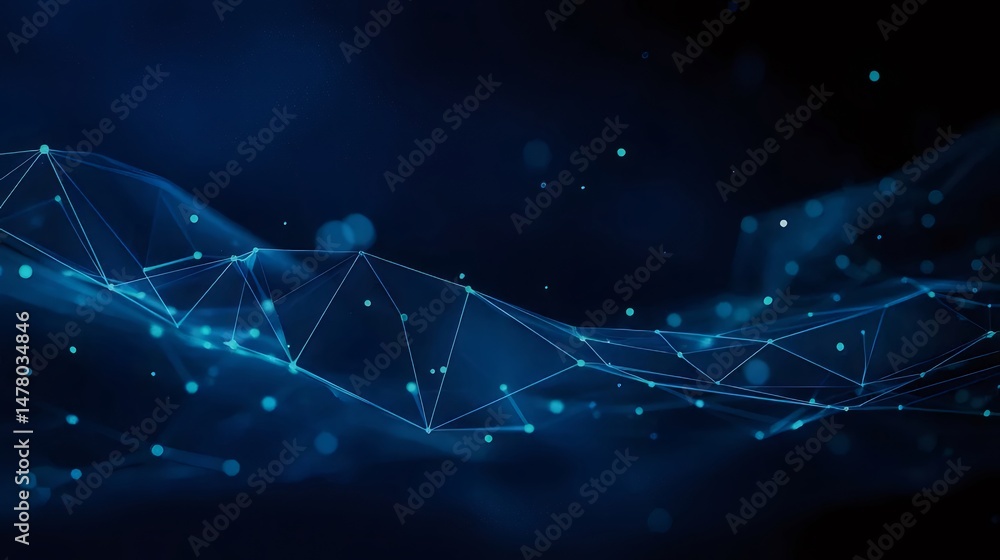 Poster abstract blue network with glowing dots and triangles on dark background creates a modern futuristic