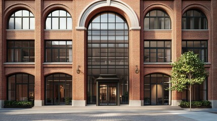 Obraz premium Modern Brick Building Entrance with Arch Windows and Glass Doors