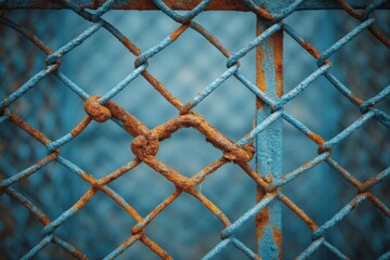 Fototapeta premium Close-up of Rusty Chain Link Fence with Blue Paint