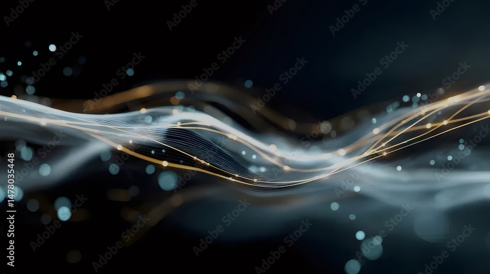Poster abstract wavy lines of glowing dots on a dark background with technology theme