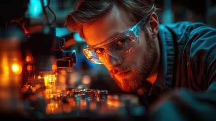 Focused individual engaged in technical experimentation in a laboratory setting with bright orange lighting