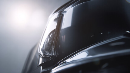 Close-up view of a sleek car headlight showcasing modern design and technology.