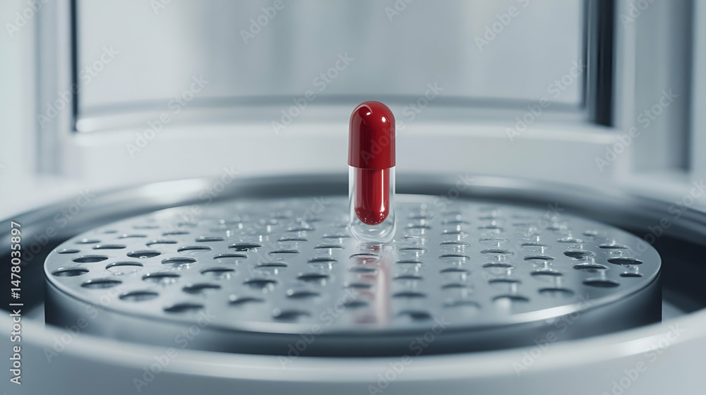 Poster red capsule in metal tray in a laboratory setting