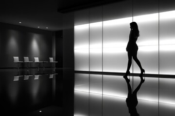 Silhouette of a Woman in a Modern Interior Space With Reflections