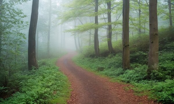 Misty forest trail with lush ferns and tall trees creating a serene landscape
