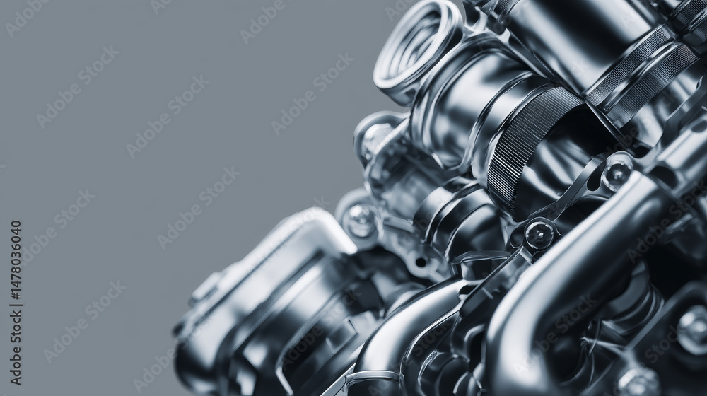 Poster close-up view of intricate metallic components in modern engine design.