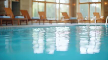 Swimming pool relaxation in resort with tranquil water and lounge chairs