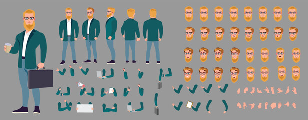 Man Character design. Front, side, back view and explainer animation poses. Character set with lip sync and facial expressions of Happy, angry, sad, Joy with Side walk cycle animation sequence sprite 