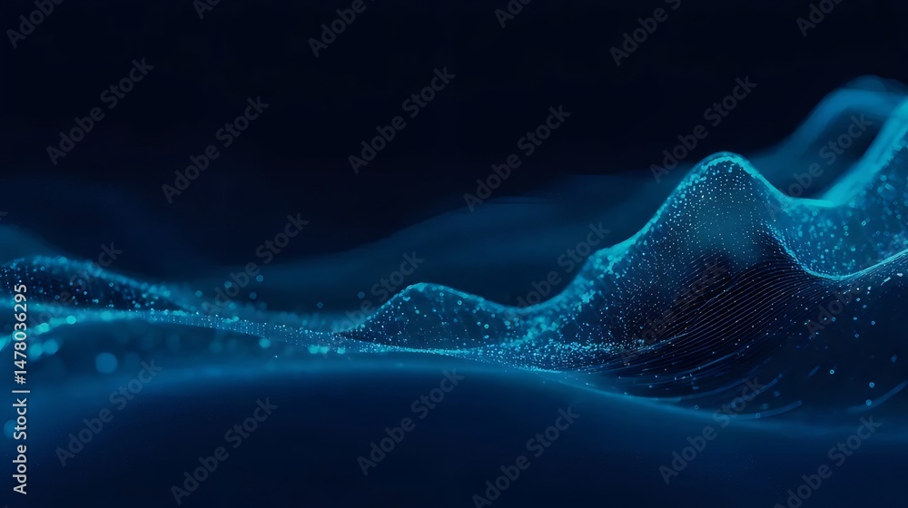 Poster abstract blue wavy background with glowing dots digital network technology data flow motion design a