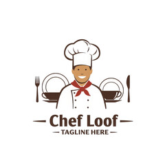 Professional restaurant chef label logo, Smiling male chef. Vector illustration for Food industry chef character.