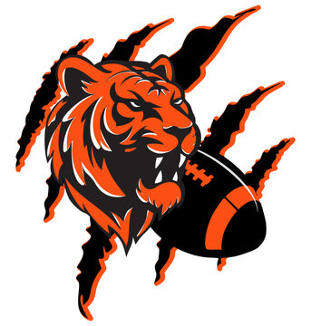 Football ball next to a fierce tiger face, with tiger claw marks in the background. Bold black and orange vector design, perfect for powerful sports graphics and aggressive athletic themes.