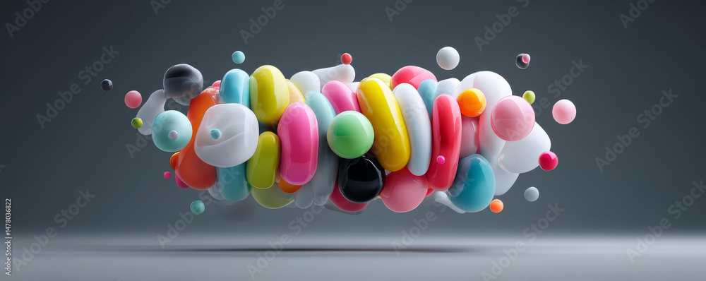 Poster colorful abstract shapes floating on a dark background, creating a modern artistic vibe.