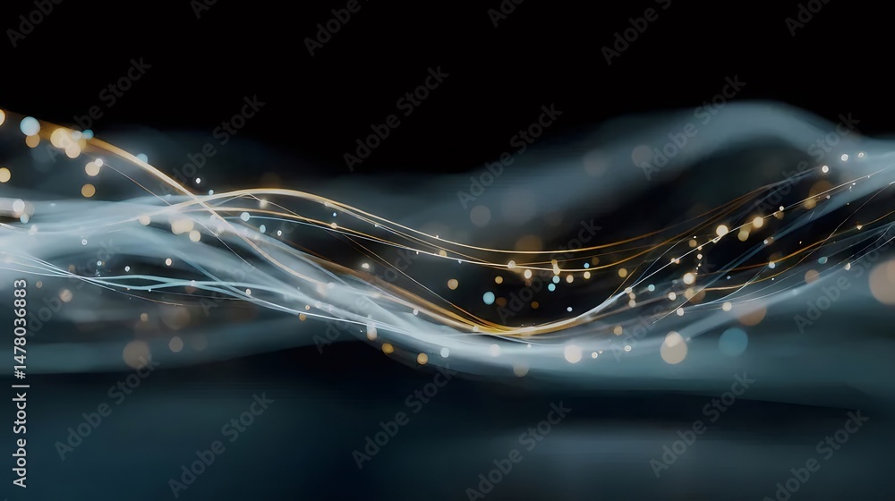 Aufkleber flowing wave of light with dots and curves on dark background abstract digital art