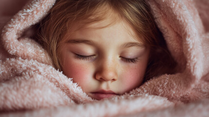 Young girl peacefully sleeping wrapped in soft pink blanket  