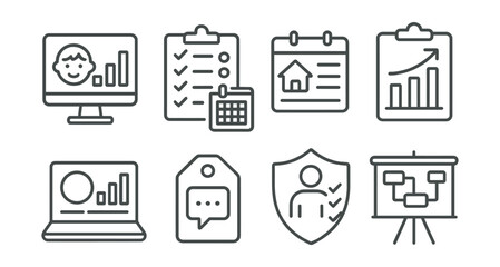 Line style icons of monitoring and evaluation: child well-being dashboard, school attendance tracker, household survey file, impact report icon, age-specific indicators chart, voices from children