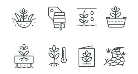 Line style icons of water-wise greening: rain garden patch icon, barrel capture system tag, drip irrigation file, wicking bed badge, stormwater planter board, drought plant zone chart, water-saving