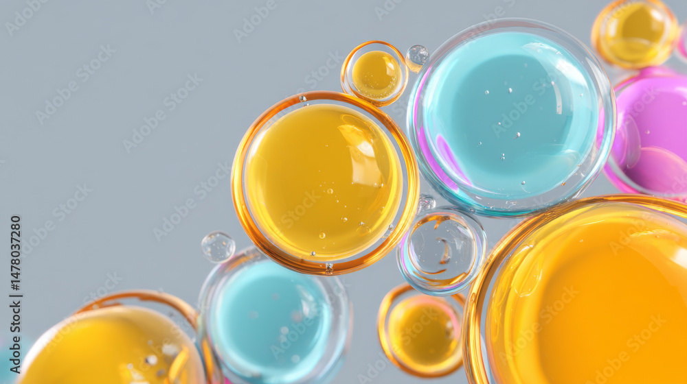 Poster colorful bubbles of different sizes floating against a soft grey background.