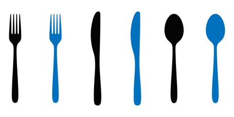 spoon and fork icon set. spoon, fork and knife icon vector. restaurant icon, Kitchen cutlery set. Table knife, tablespoon, teaspoon, metal spoon and steel fork. Flatware top view. Dining, eating tool.