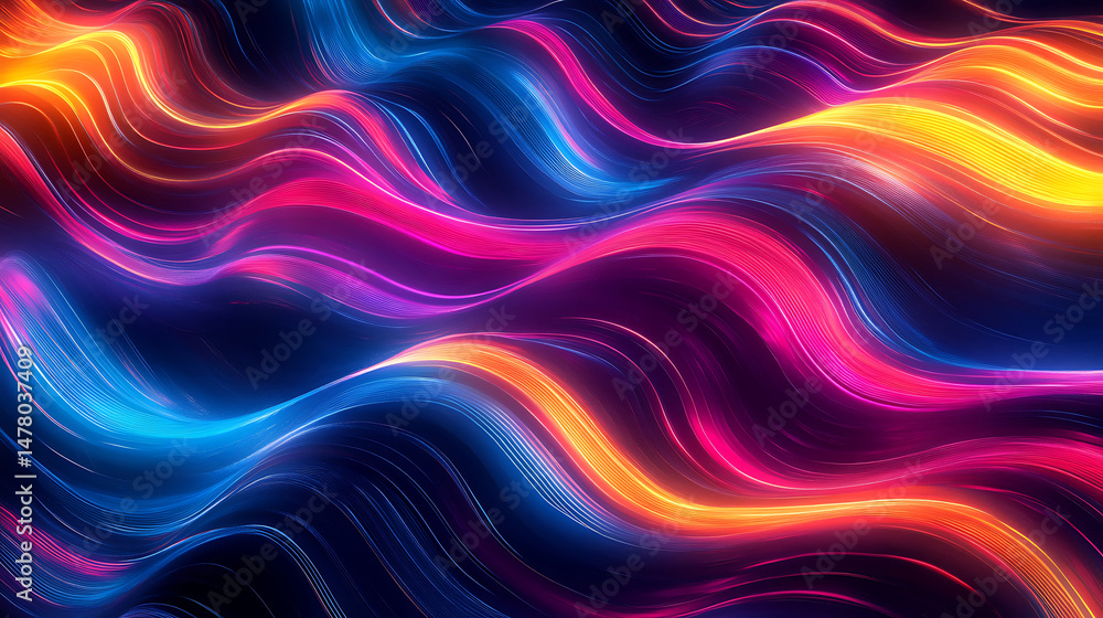 Aufkleber vibrant neon waves flowing with abstract energy swirling in a mesmerizing dance of blue pink and gol