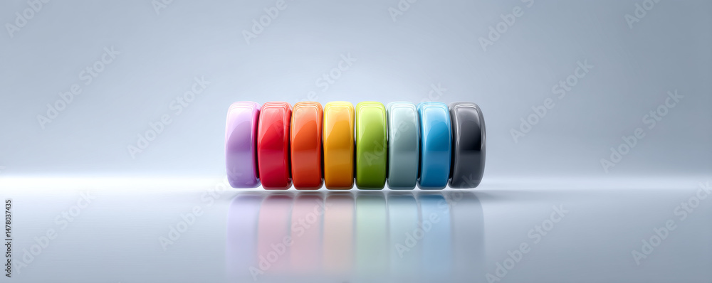 Poster colorful circular objects arranged in a line, showcasing vibrant hues and reflections.