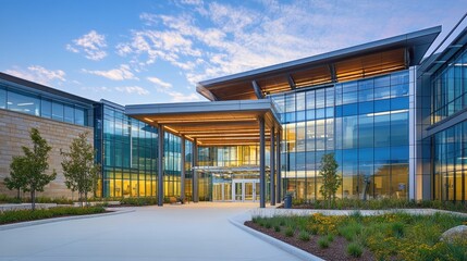 Modern glass office building exterior at dusk, landscaped grounds
