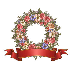 Flowers Wreath With Label Ribbon isolated on transparent background, christmas wreath with ribbon PNG 