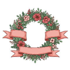 Flowers Wreath With Label Ribbon isolated on transparent background, christmas wreath with ribbon PNG 