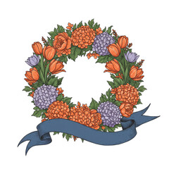 Flowers Wreath With Label Ribbon isolated on transparent background, christmas wreath with ribbon PNG 