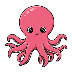 Cute Pink little octopus cartoon flat. Cute octopus with hand drawn sea life elements. Sea animals. Vector doodle cartoon octopus of marine life isolated on transparent backgorund, PNG 