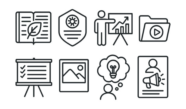 Line style icons of reflection and storytelling: eco journal page icon, story of impact badge, class presentation chart, video diary tag, “what I learned” board, memory photo file, blog post idea