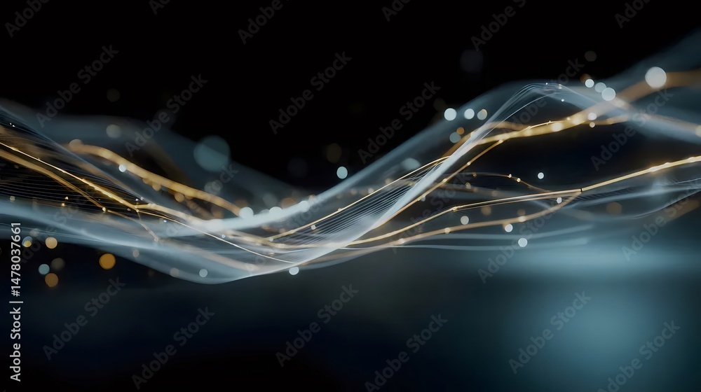 Poster elegant abstract flowing wave of golden light particles on dark background for modern technology and