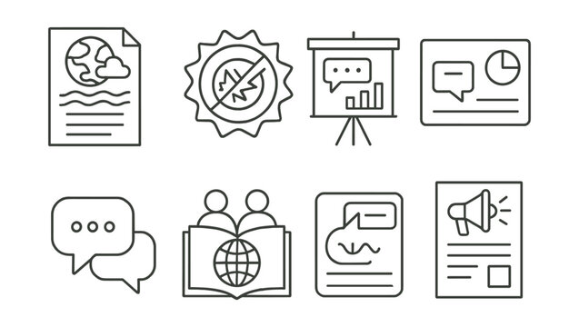 Line style icons of communication and awareness: climate factsheet icon, myth busting badge, infographics for sharing file, story as activism board, visuals with data tag, conversation starter card,
