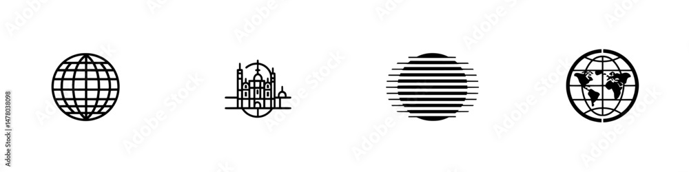 Poster vector illustration icons depicting various globe designs and architectural landmarks for global uni
