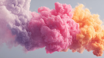 Colorful smoke clouds in pink, purple, and orange create an ethereal atmosphere.