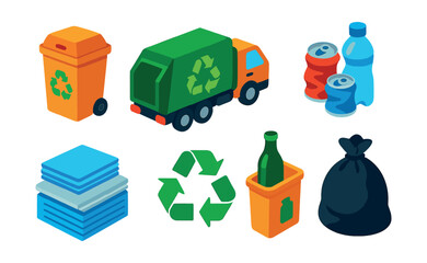 Isometric flat vector set of illustrations of recycling process: sorting bin, recycling truck, crushed cans, plastic bottles, paper stack, glass container, recycle symbol, waste collection bag.