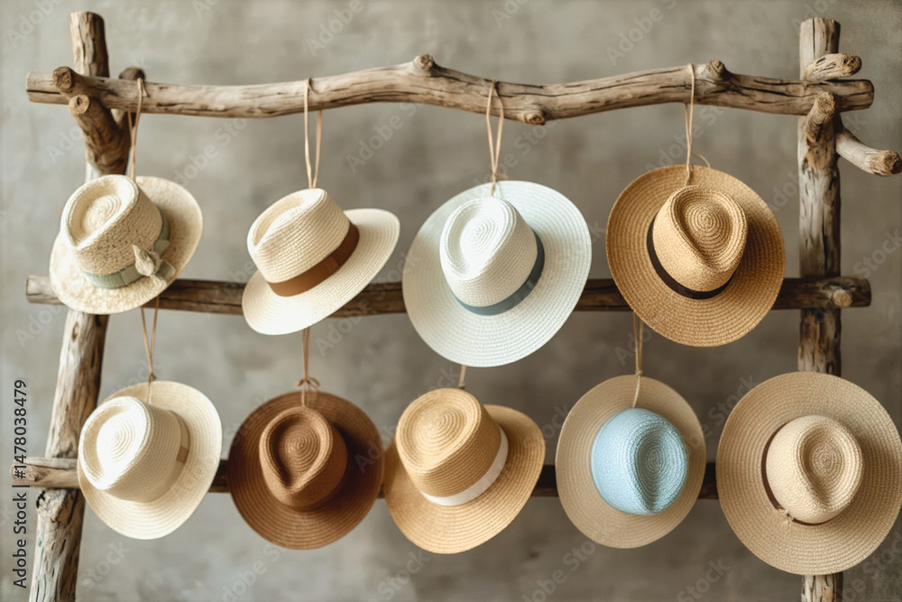 Poster a rustic wooden branch displays a collection of straw hats in varying shades, creating a charming, b