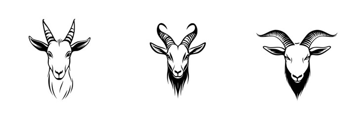 Naklejka premium Three unique vector illustration icons of goat heads showcasing different horn styles and facial features for diverse graphic design projects