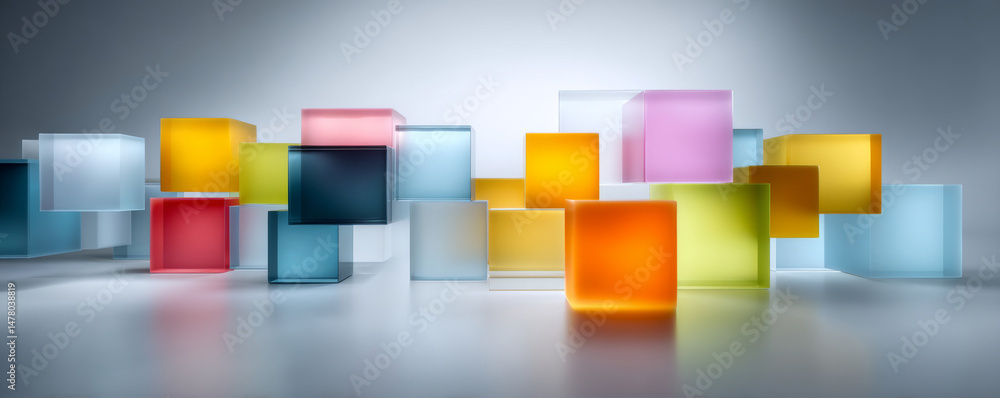 Poster colorful translucent cubes create a stunning visual effect in soft lighting.