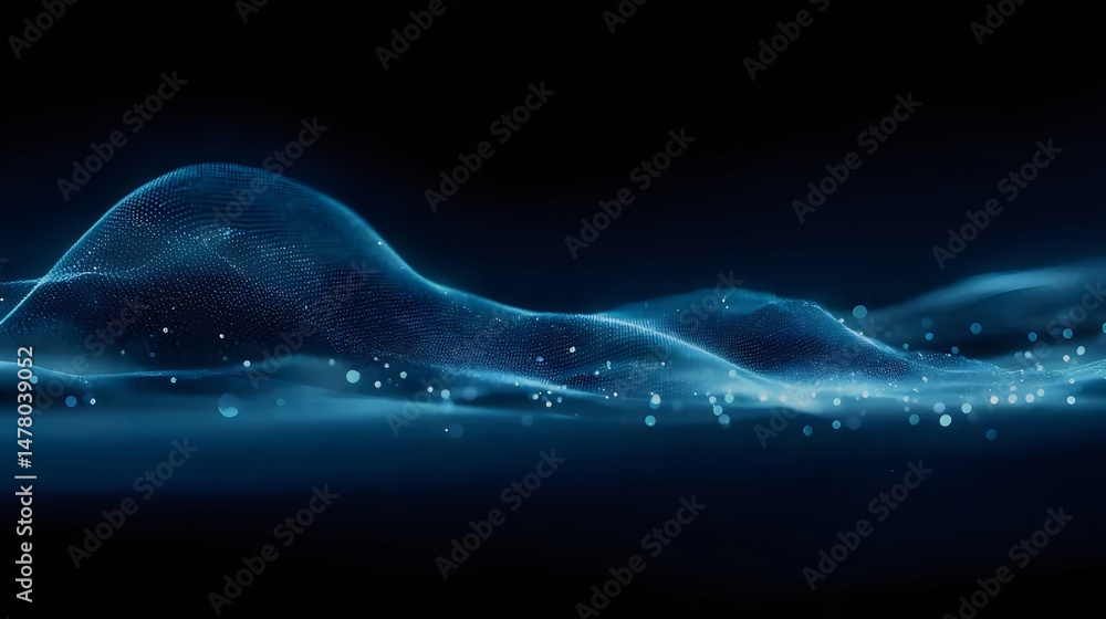 Poster abstract blue wavy data network on dark background with technological futuristic concept