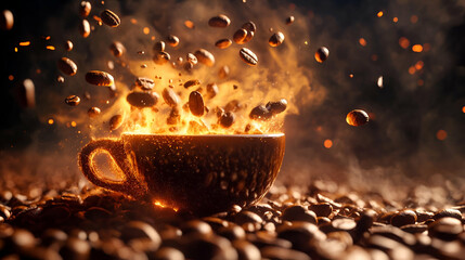 Roasted Coffee Beans Flying into a Brown Cup with Steam and Dramatic Lighting