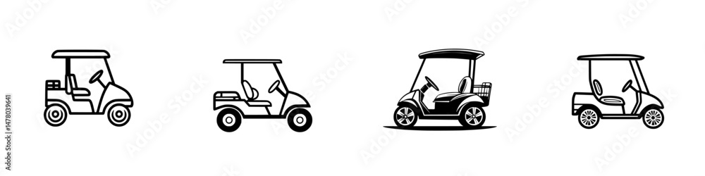 Poster different styles of golf carts represented in vector illustrations for various terrain uses and recr