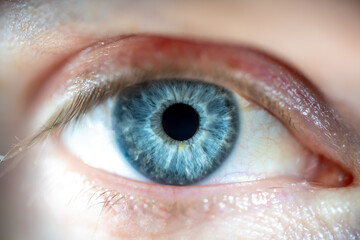Male eye with blue coloured iris. Structural and anatomical details of human eye.